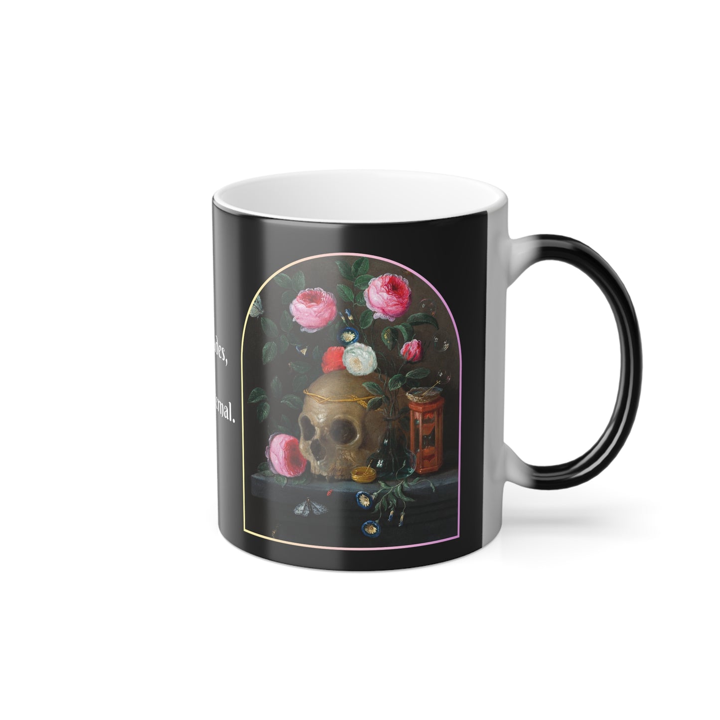 Side view - Heat-activated mug showing a vibrant vanitas-inspired skull surrounded by blooming roses, unveiled with hot coffee.