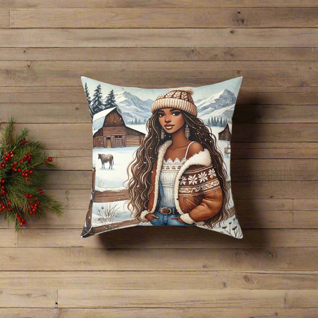 Winter Ranch Pillow, Cozy Winter Throw Pillow with Rustic Snowy Ranch Scene | Double-Sided Gingham Blue Pattern Back