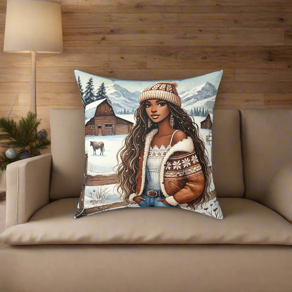 Winter Ranch Pillow, Cozy Winter Throw Pillow with Rustic Snowy Ranch Scene | Double-Sided Gingham Blue Pattern Back
