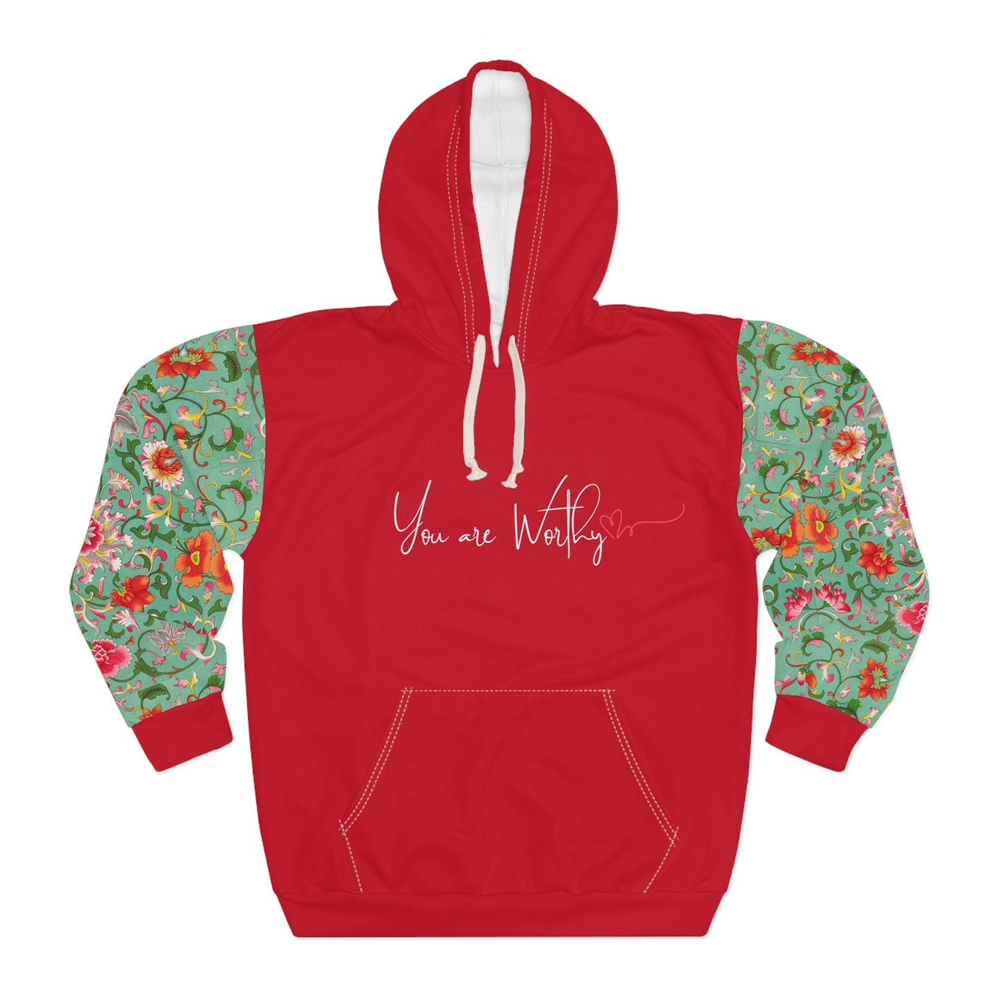 Front view of the 'You Are Worthy' Inspirational Hoodie, showcasing the message on a solid-colored background with floral print sleeves