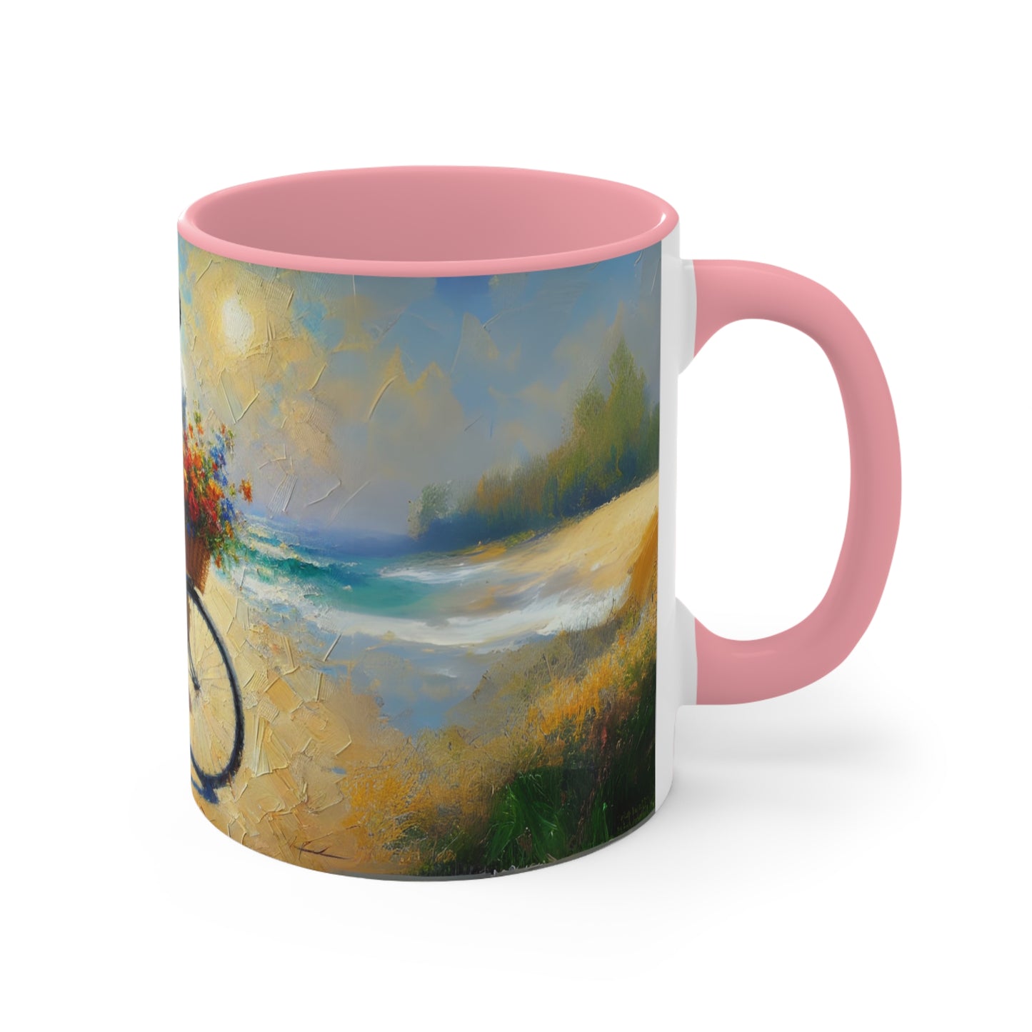Romantic Beach Scene Coffee Mug | Couple on Bicycle with Floral Basket | Summer-Themed 11oz Ceramic Mug | Gift for Couples