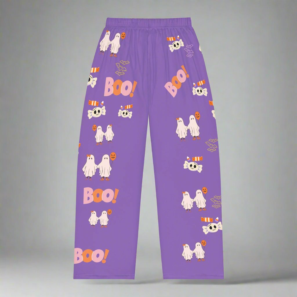 Purple Boo Ghost Women's Pajama Pants featuring a spooky ghost design, perfect for Halloween-themed sleepwear.