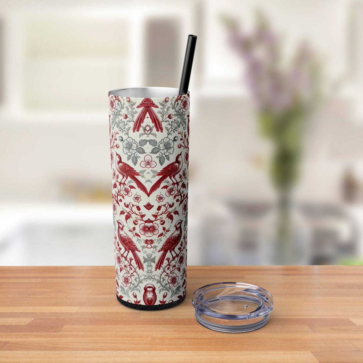 Red & White Chinoiserie Bird Tumbler – 20oz Maars Skinny Tumbler with Straw | Insulated Stainless Steel Travel Mug