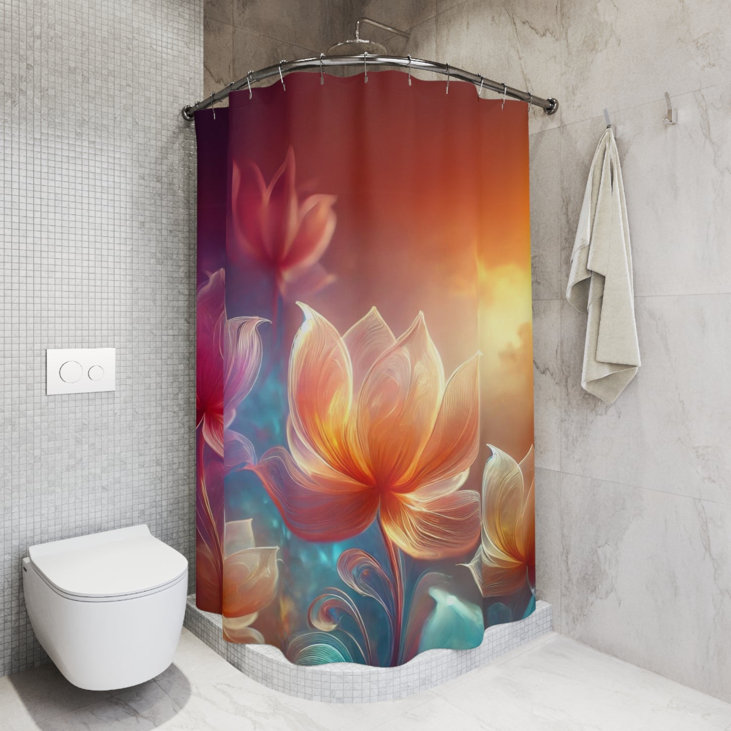 Luxurious bathroom featuring a glowing lotus flower shower curtain and modern decor.