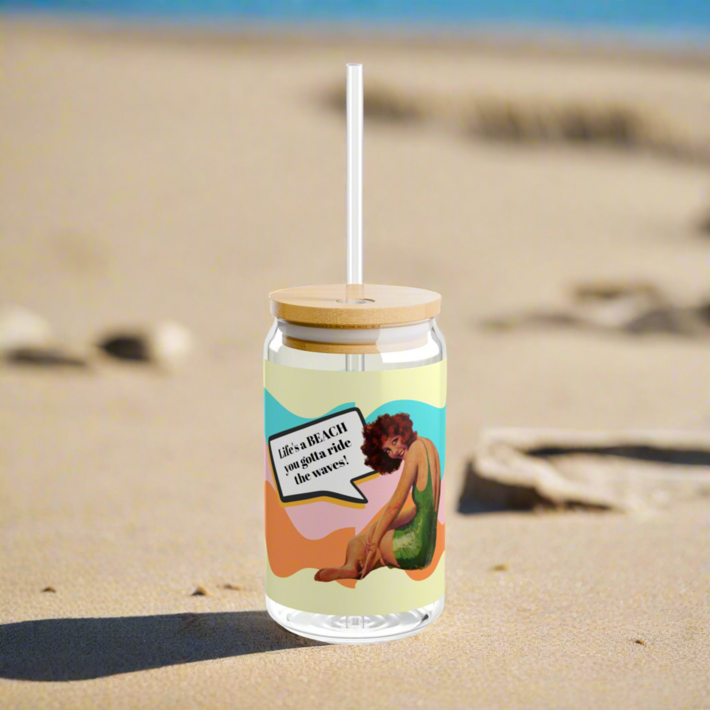 Vintage Nancy Carroll Glass Tumbler with Bamboo Lid and Straw - Retro Beach Vibes
