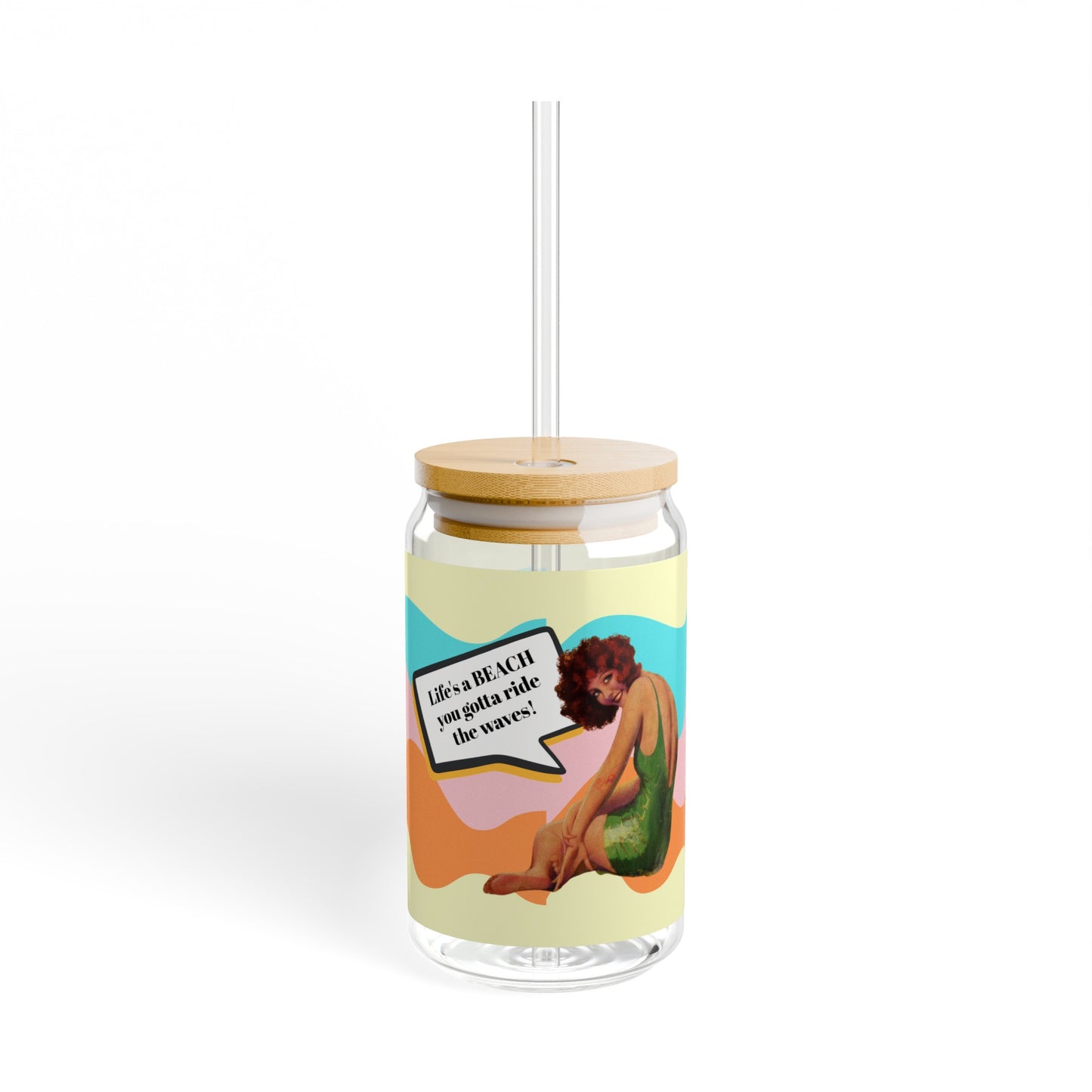Vintage Nancy Carroll Glass Tumbler with Bamboo Lid and Straw - Retro Beach Vibes