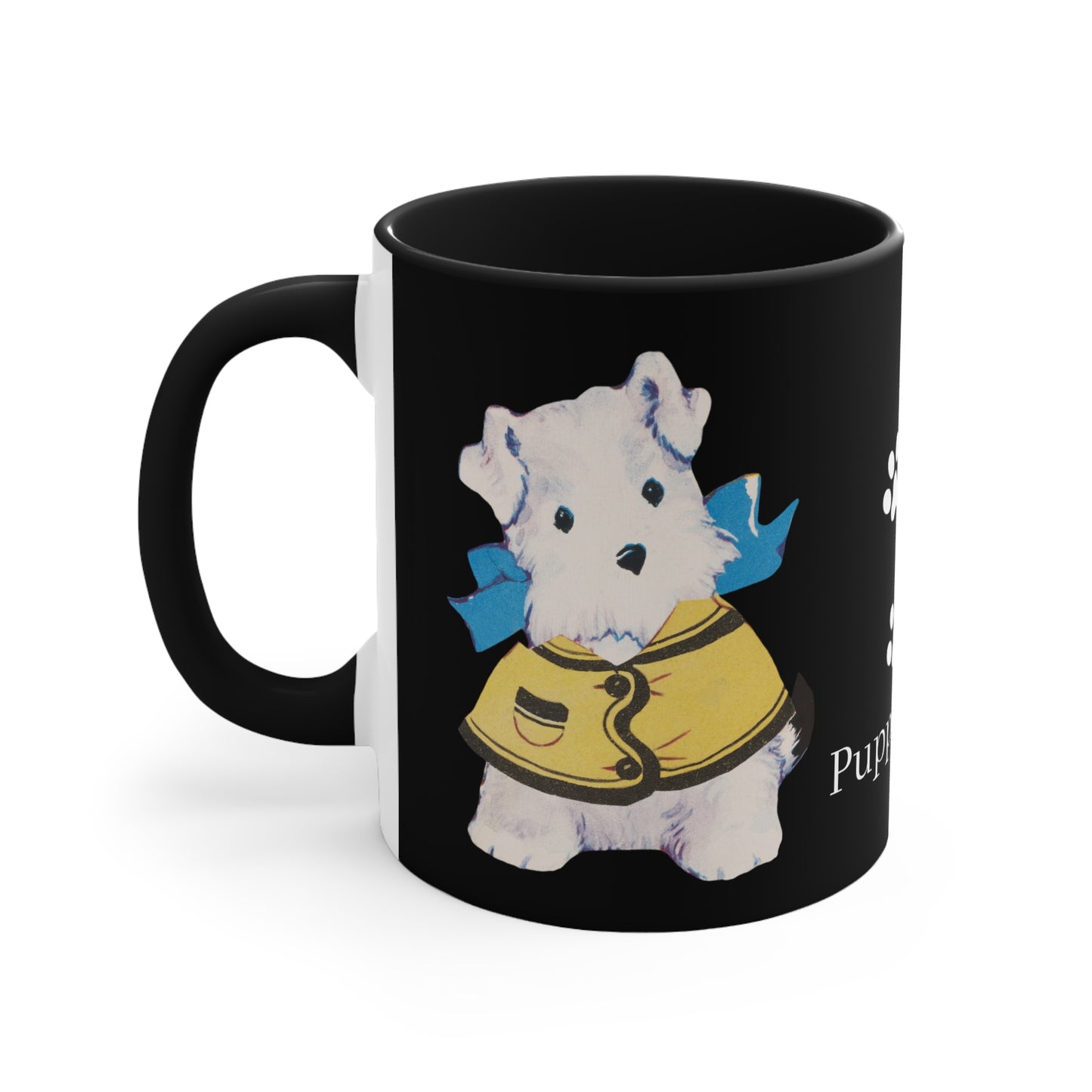 Charming puppy-themed coffee mug with the phrase 'Puppy Love' and paw prints.