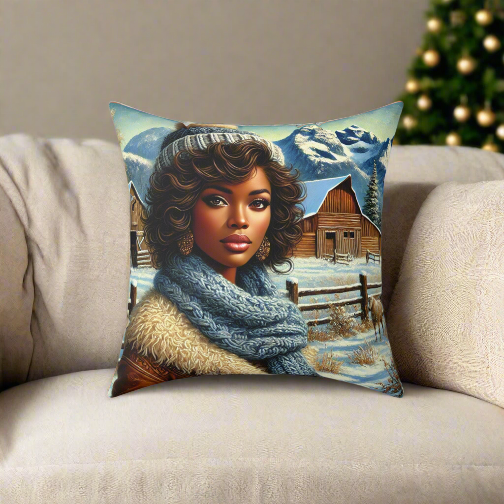 Front view of a winter-themed accent pillow featuring a cowgirl in a snowy ranch scene, styled on cozy chair with Christmas tree in background.
