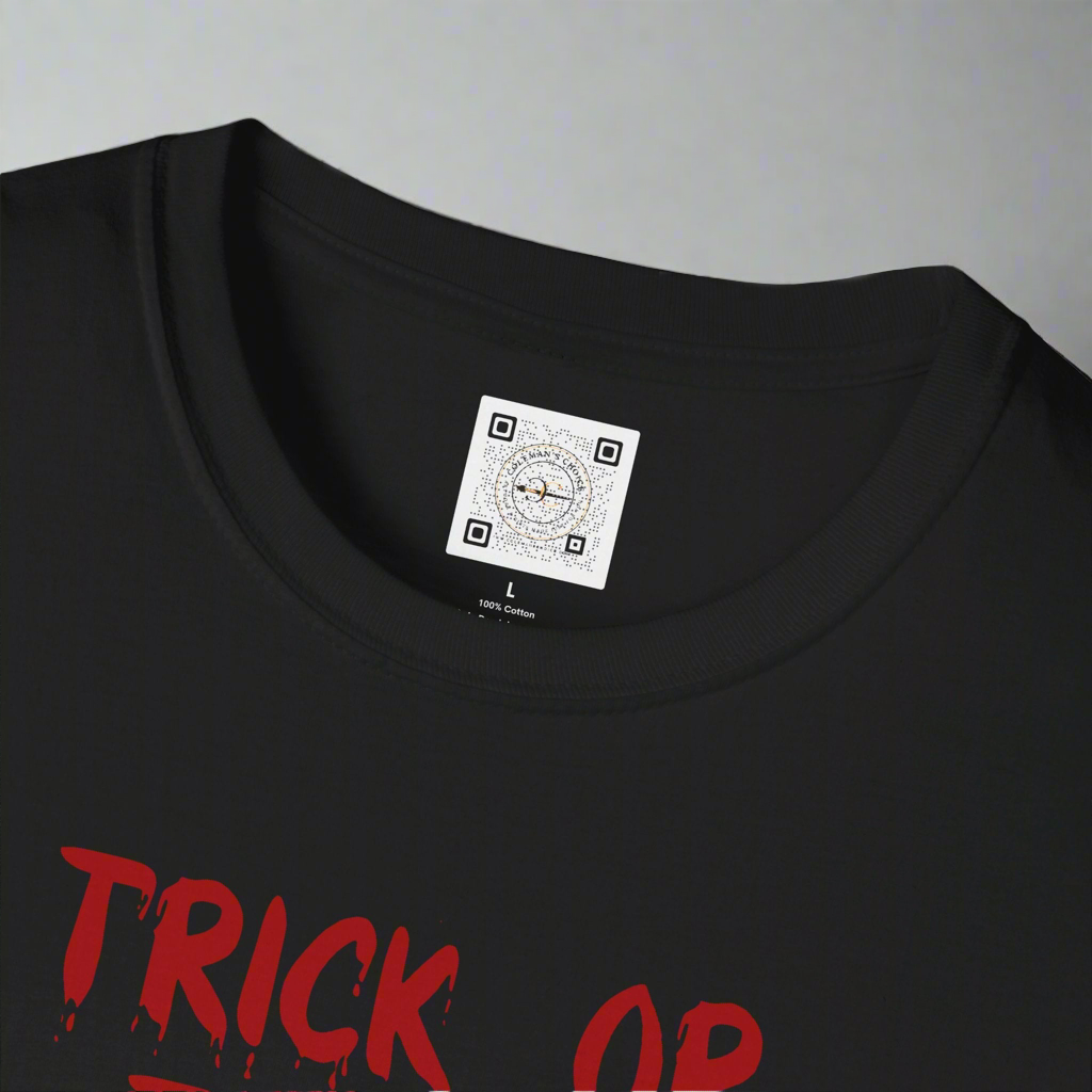 Inside neck label view of an adult Trick or Treat Skull Halloween T-Shirt featuring a spooky skull design, perfect for Halloween.