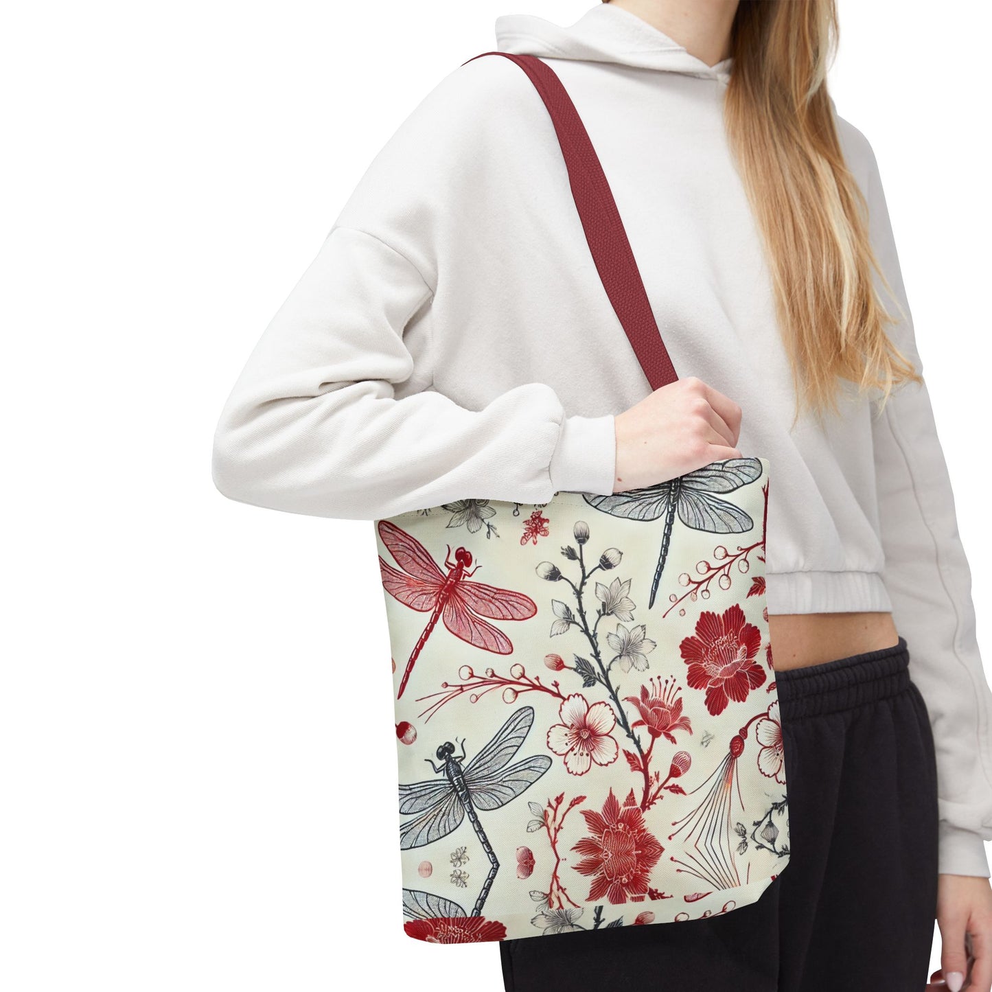 Dragonfly Floral Chinoiserie Tote Bag | Elegant Red & Black Insect Print Bag | Eco-Friendly Polyester Tote | Nature-Inspired Gift