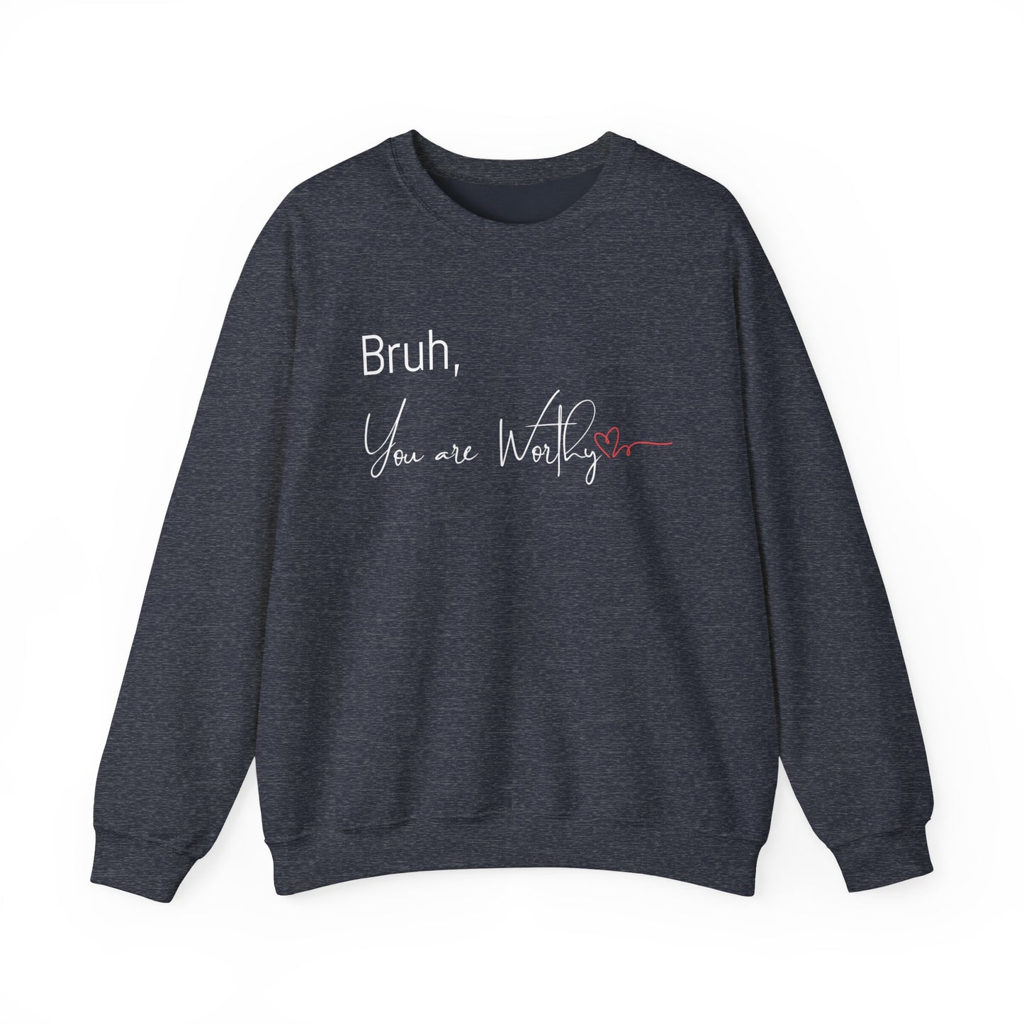 Detailed shot of "Bruh, You Are Worthy" crewneck in Heather Sport Dark Navy.