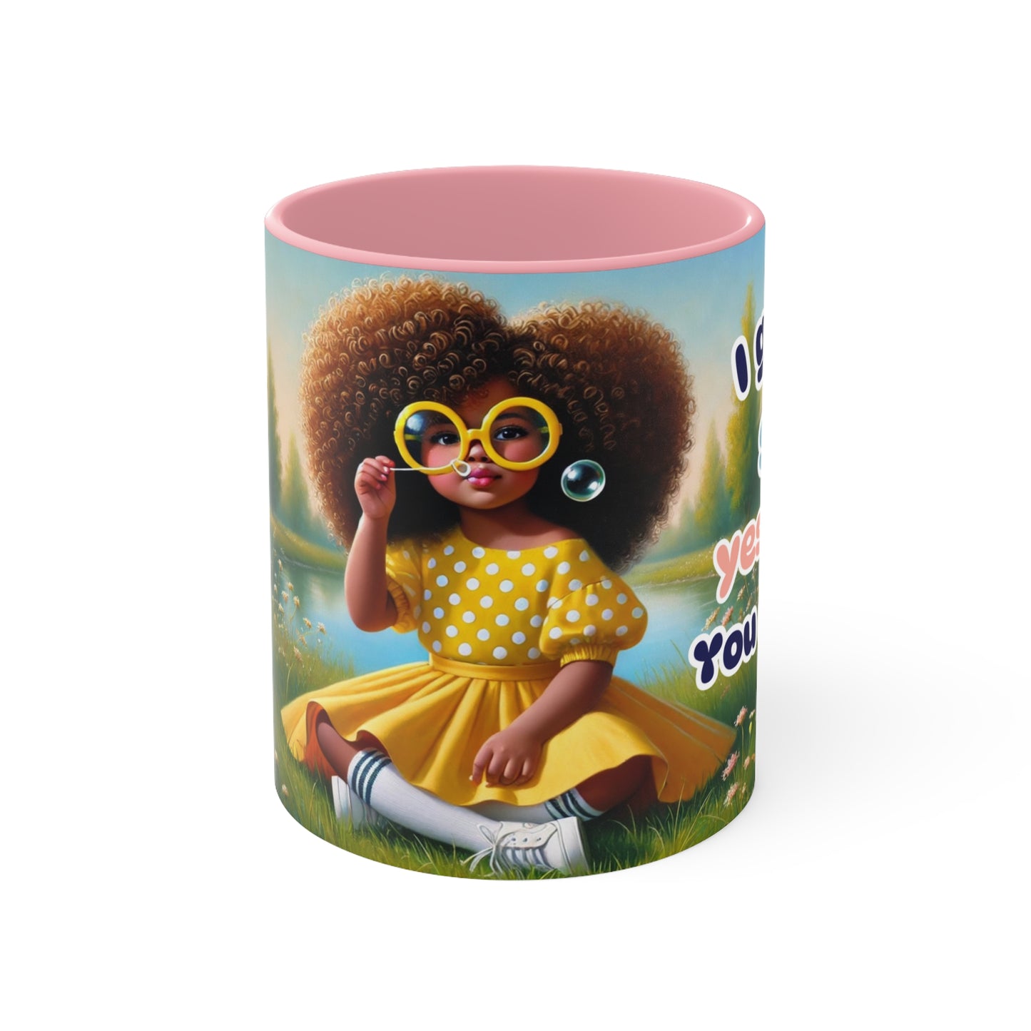 Close-up of a vibrant coffee mug with a sassy Afrocentric character wearing yellow polka dots and blowing bubbles.