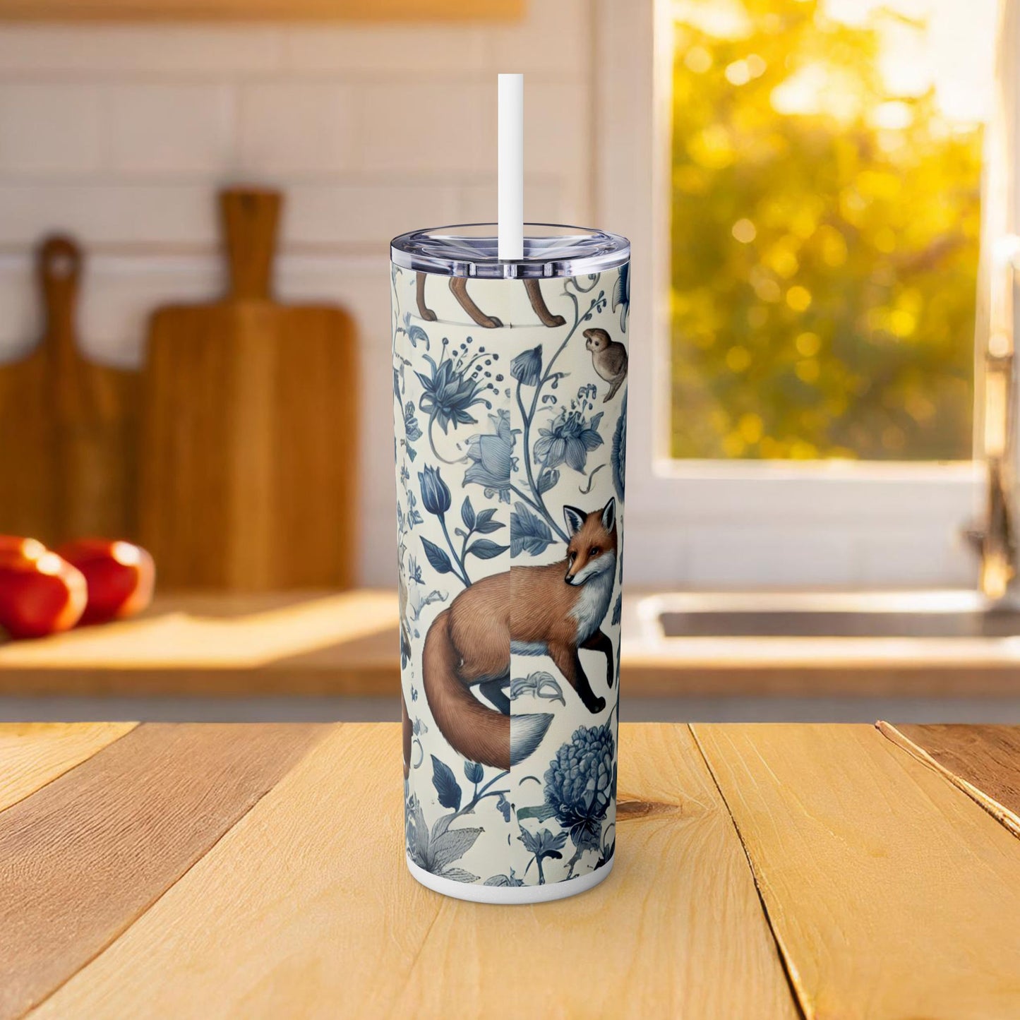 Chinoiserie Blue & White Forest Animals Tumbler | 20oz Maars Stainless Steel Insulated Tumbler with Lid & Straw | Fox & Rabbit Floral Travel Mug