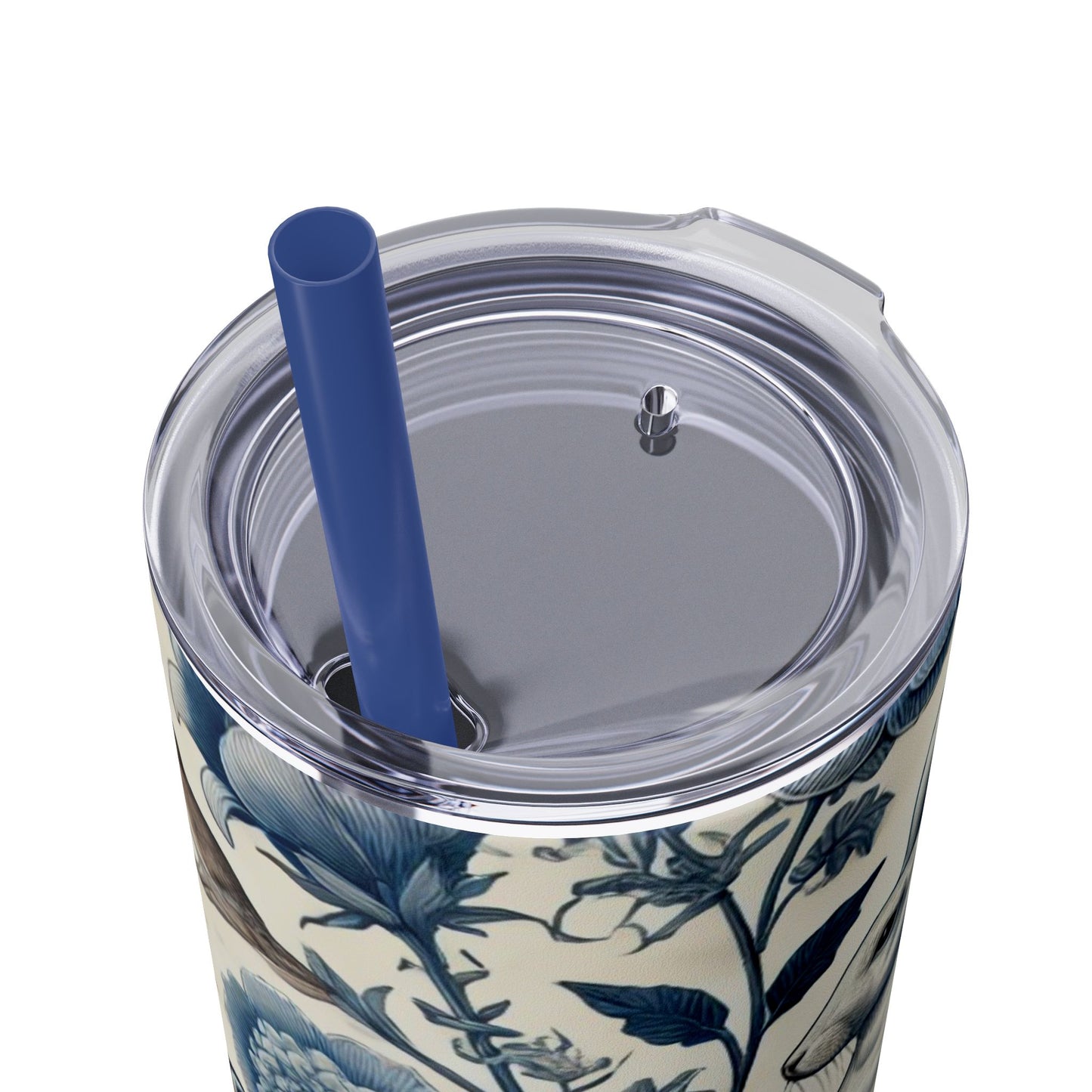 Chinoiserie Blue & White Forest Animals Tumbler | 20oz Maars Stainless Steel Insulated Tumbler with Lid & Straw | Fox & Rabbit Floral Travel Mug