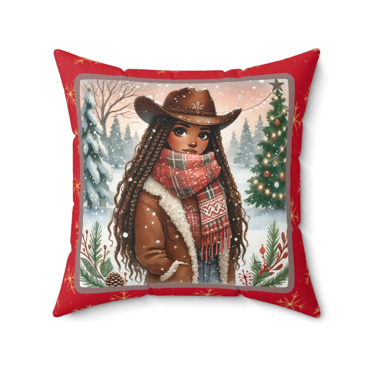 Front view of a rustic Christmas throw pillow featuring a cowgirl in a snowy holiday scene with festive accents.