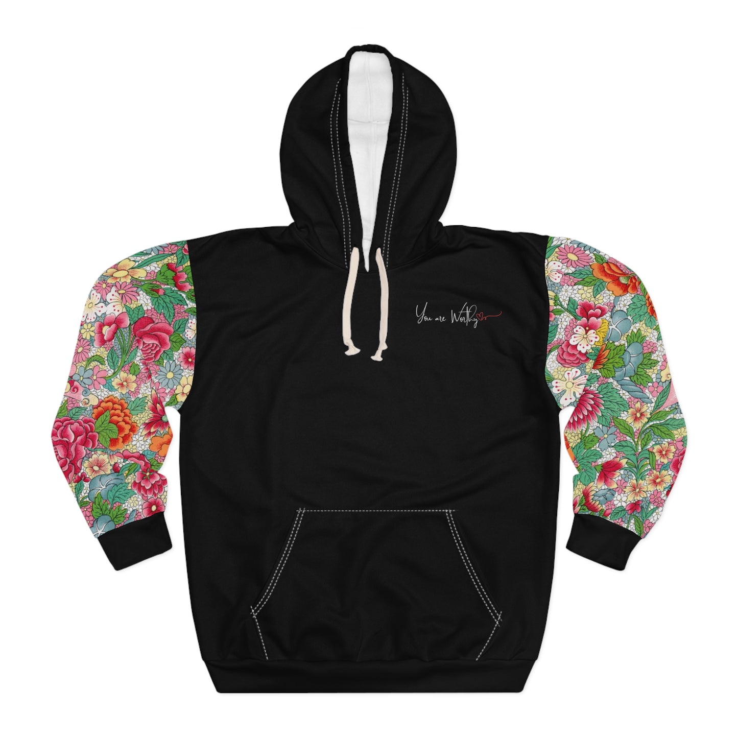 Front view of the 'You Are Worthy' Inspirational Hoodie, showcasing the message on a solid-colored background with floral print sleeves