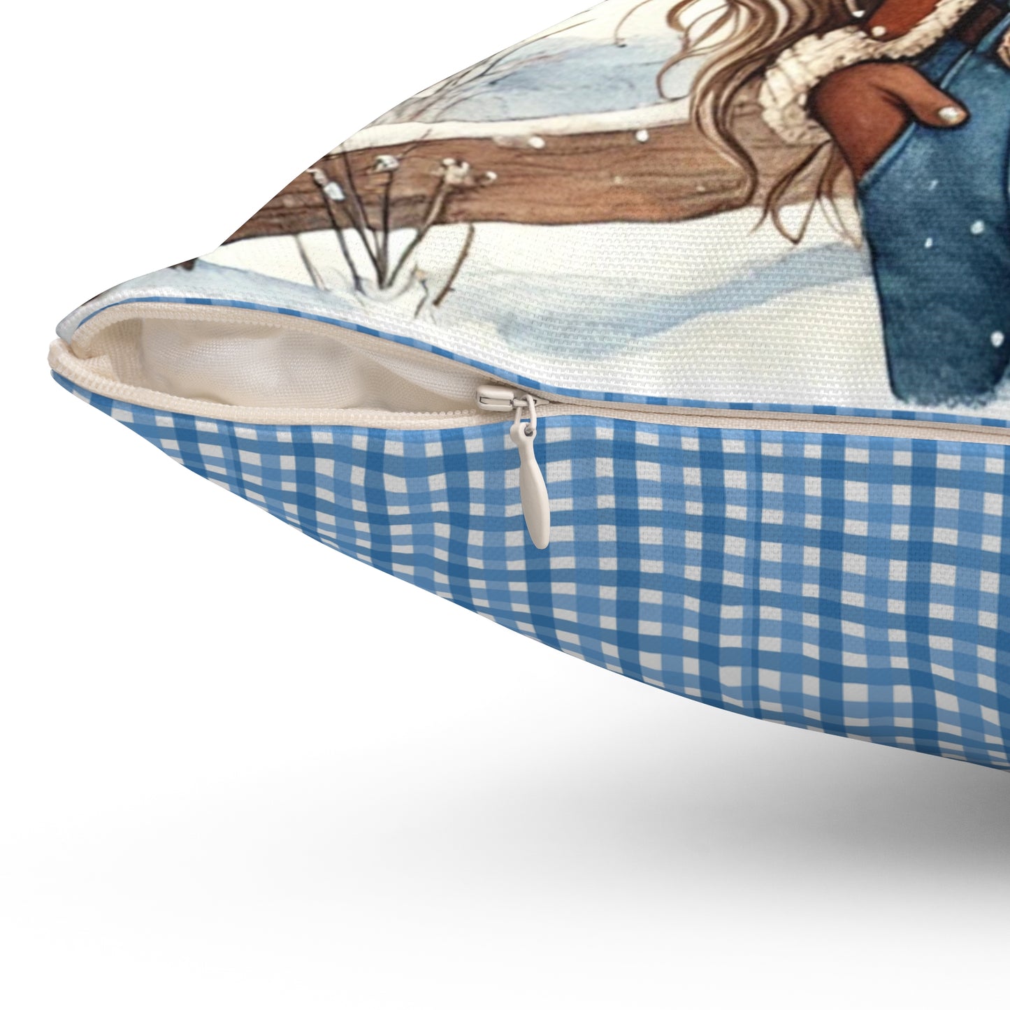 Winter Ranch Pillow, Cozy Winter Throw Pillow with Rustic Snowy Ranch Scene | Double-Sided Gingham Blue Pattern Back