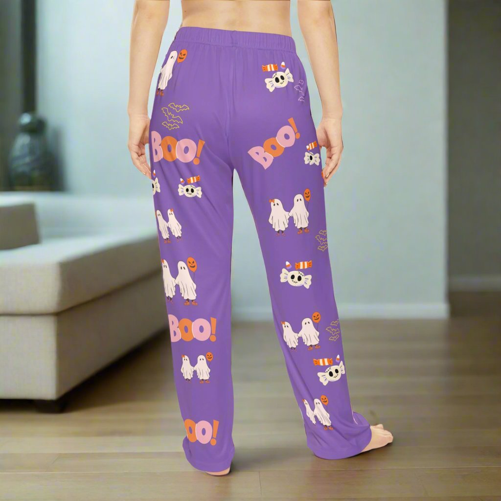 Purple Boo Ghost Women's Pajama Pants featuring a spooky ghost design, perfect for Halloween-themed sleepwear.