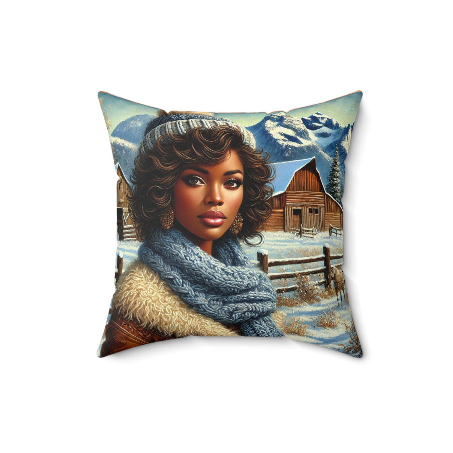 Front view of a winter-themed accent pillow featuring a cowgirl in a snowy ranch scene.