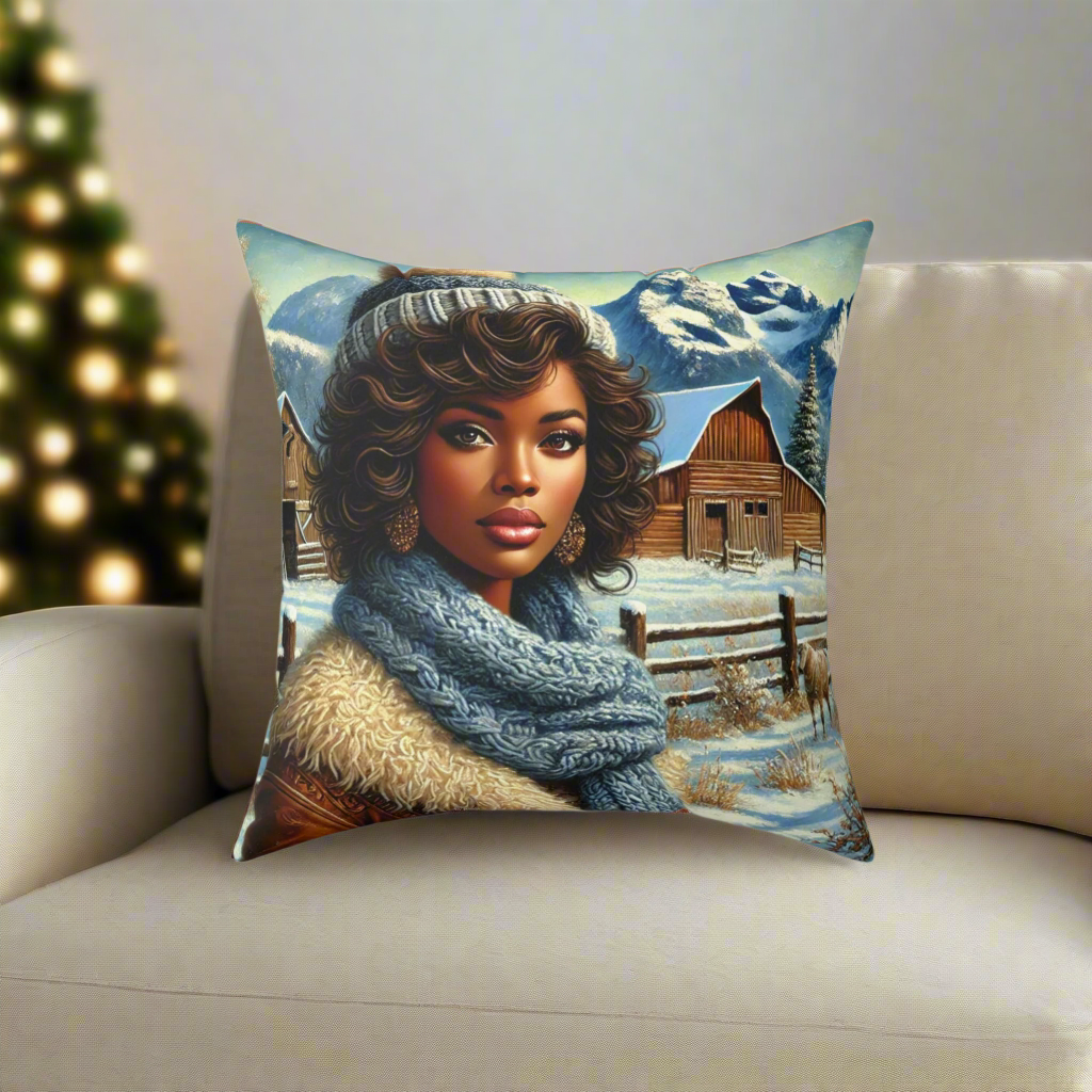 Winter Western Accent Pillow | Cozy Cowgirl Ranch Scene in Snow | Double-Sided Design with Orange Plaid Back