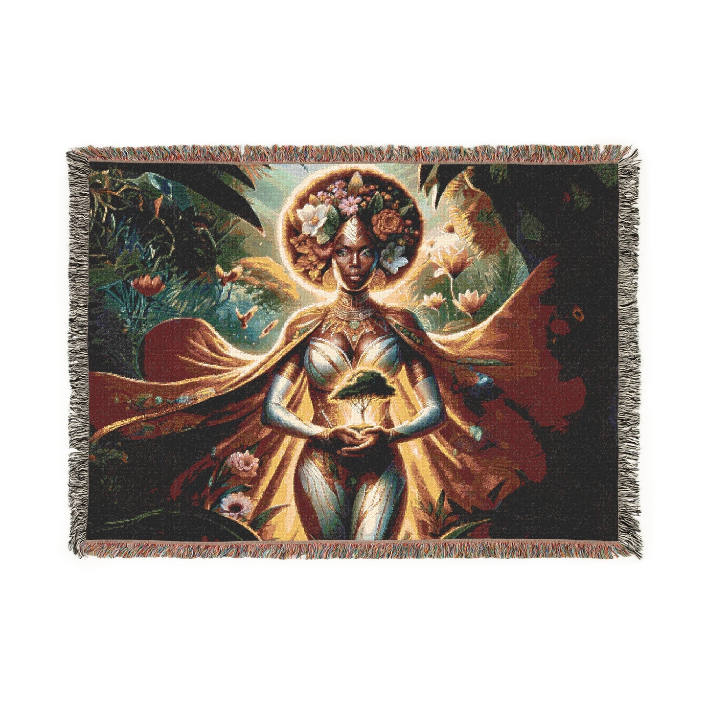 A vibrant woven blanket displaying a nature-inspired design of a radiant woman holding a glowing tree sapling. She is surrounded by lush foliage, blooming flowers, and a mystical glow.