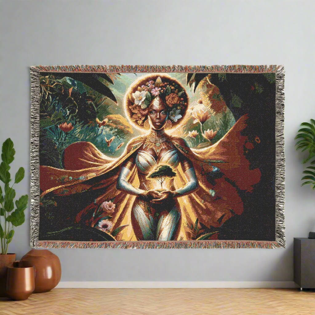A vibrant woven blanket displaying a nature-inspired design of a radiant woman holding a glowing tree sapling. She is surrounded by lush foliage, blooming flowers, and a mystical glow. The blanket is hung on a wall above a minimalist space with warm-toned vases and plants, adding to the natural ambiance of the room.