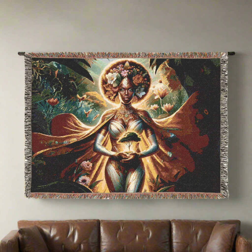 A beautifully woven blanket featuring a radiant woman standing in a vibrant, nature-inspired design. She is surrounded by blooming flowers, glowing light, and greenery, with her hands holding a glowing tree sapling. The blanket is displayed hanging above a brown leather couch, complementing the elegant and earthy tones of the room.