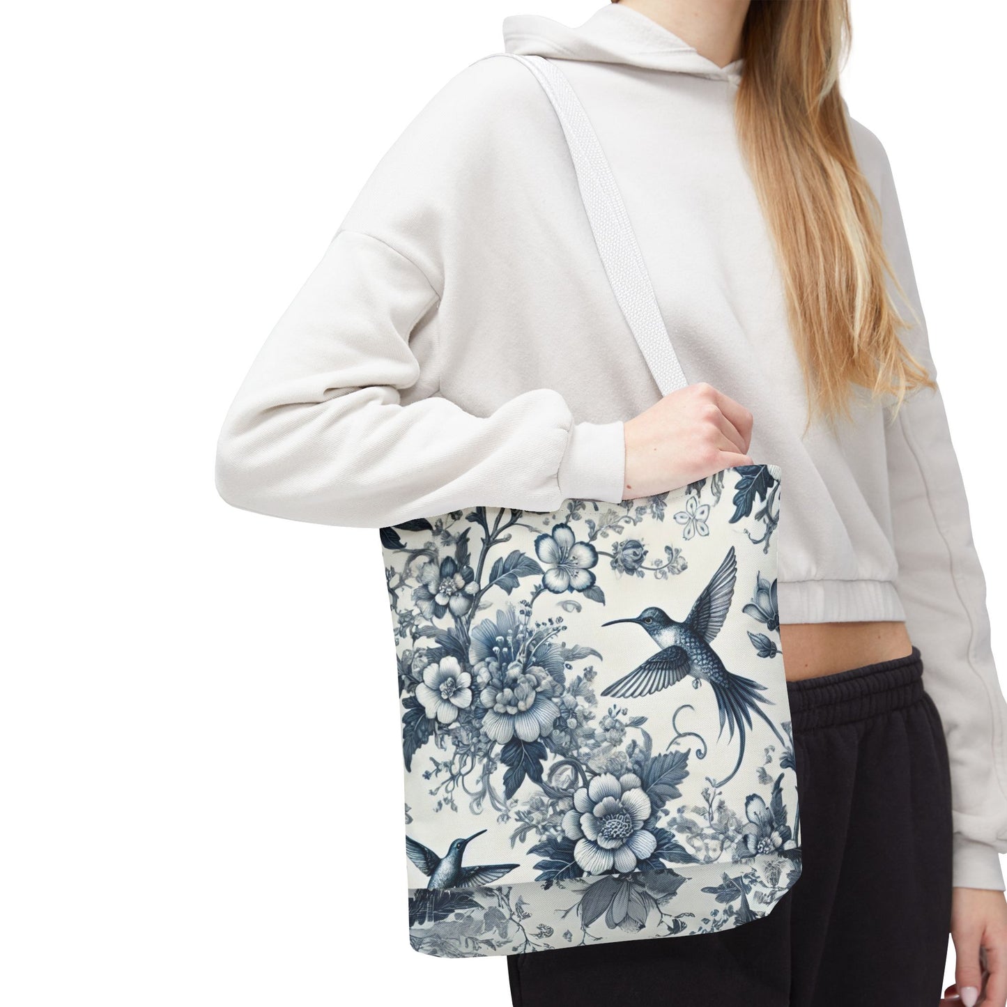 Chinoiserie Hummingbird Tote Bag – Blue & White Vintage Floral Bird Design | Durable Polyester Canvas | White or Navy Straps
