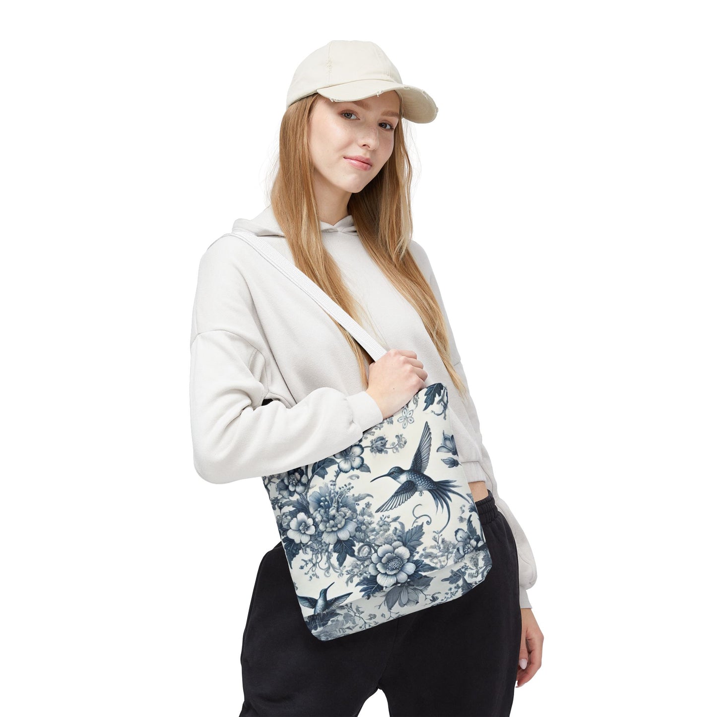 Chinoiserie Hummingbird Tote Bag – Blue & White Vintage Floral Bird Design | Durable Polyester Canvas | White or Navy Straps