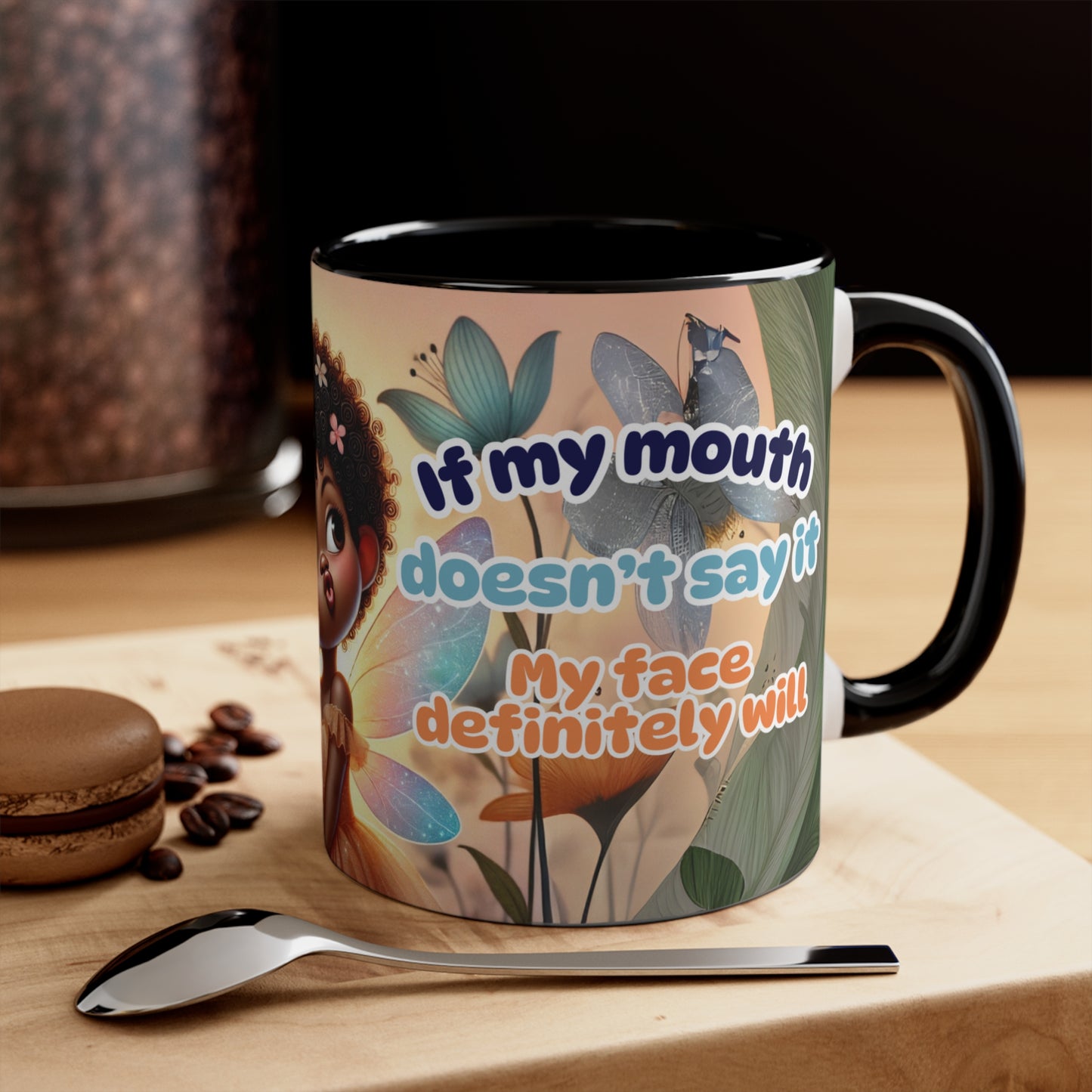 Side view of the vibrant floral design and fairy illustration on an 11oz coffee mug