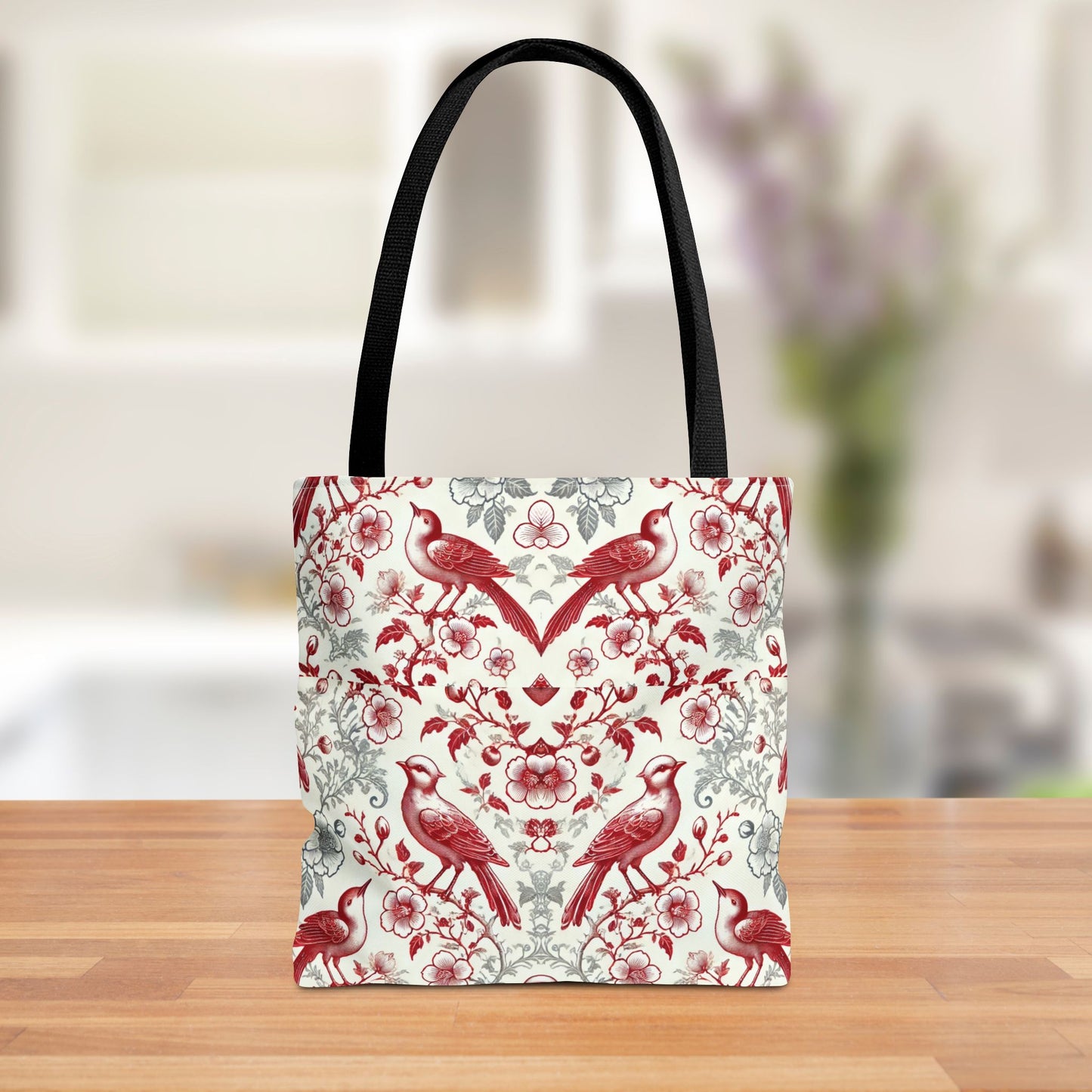 Red & Gray Chinoiserie Bird Tote Bag | Elegant Vintage Floral Baroque Tote | White or Black Handle Option | Reusable Fabric Bag