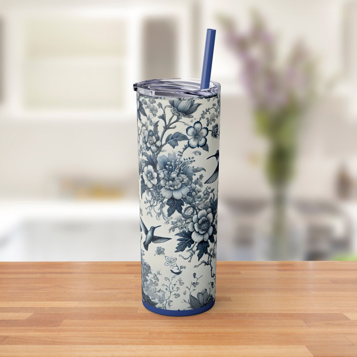 Blue & White Chinoiserie Hummingbird Tumbler | 20oz Maars Skinny Insulated Travel Mug with Lid & Straw | Elegant Floral Bird Design | Gift for Tea & Coffee Lovers