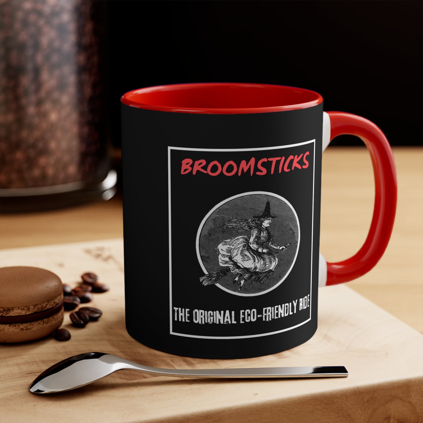 "Broomsticks: The Original Eco-Friendly Ride" Coffee Mug - Black Background