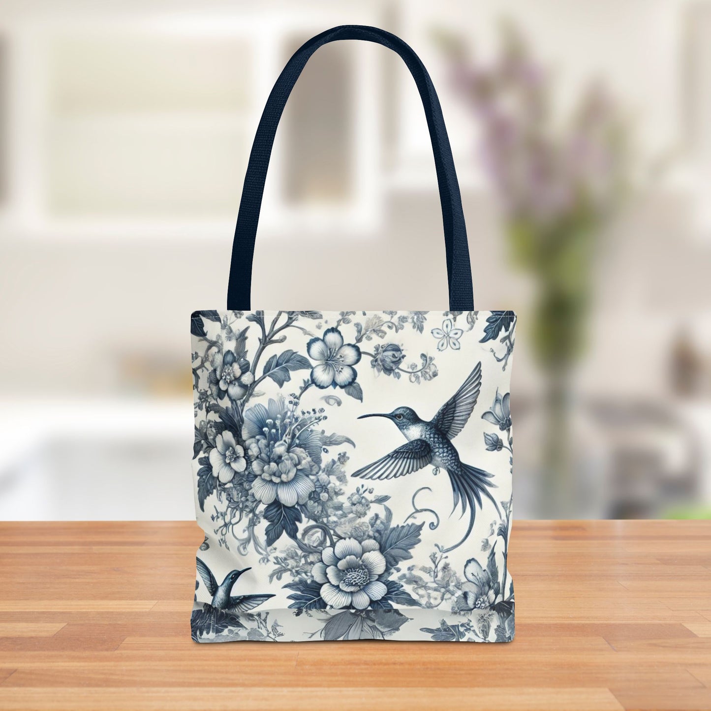 Chinoiserie Hummingbird Tote Bag – Blue & White Vintage Floral Bird Design | Durable Polyester Canvas | White or Navy Straps