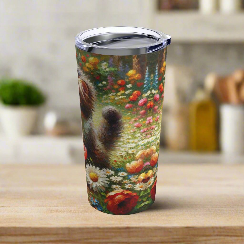 Insulated tumbler featuring a cute kitten surrounded by vibrant flowers in a garden setting.