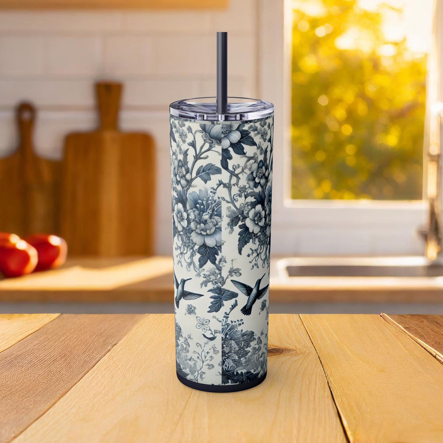 Blue & White Chinoiserie Hummingbird Tumbler | 20oz Maars Skinny Insulated Travel Mug with Lid & Straw | Elegant Floral Bird Design | Gift for Tea & Coffee Lovers