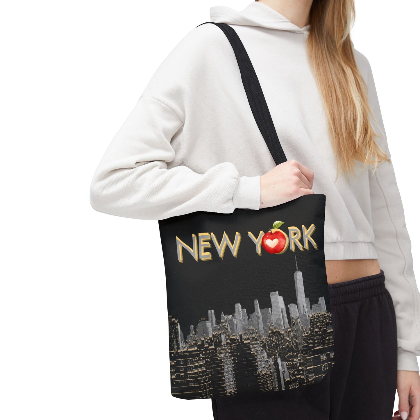 Close-up of "NEW YORK" text with apple detail.