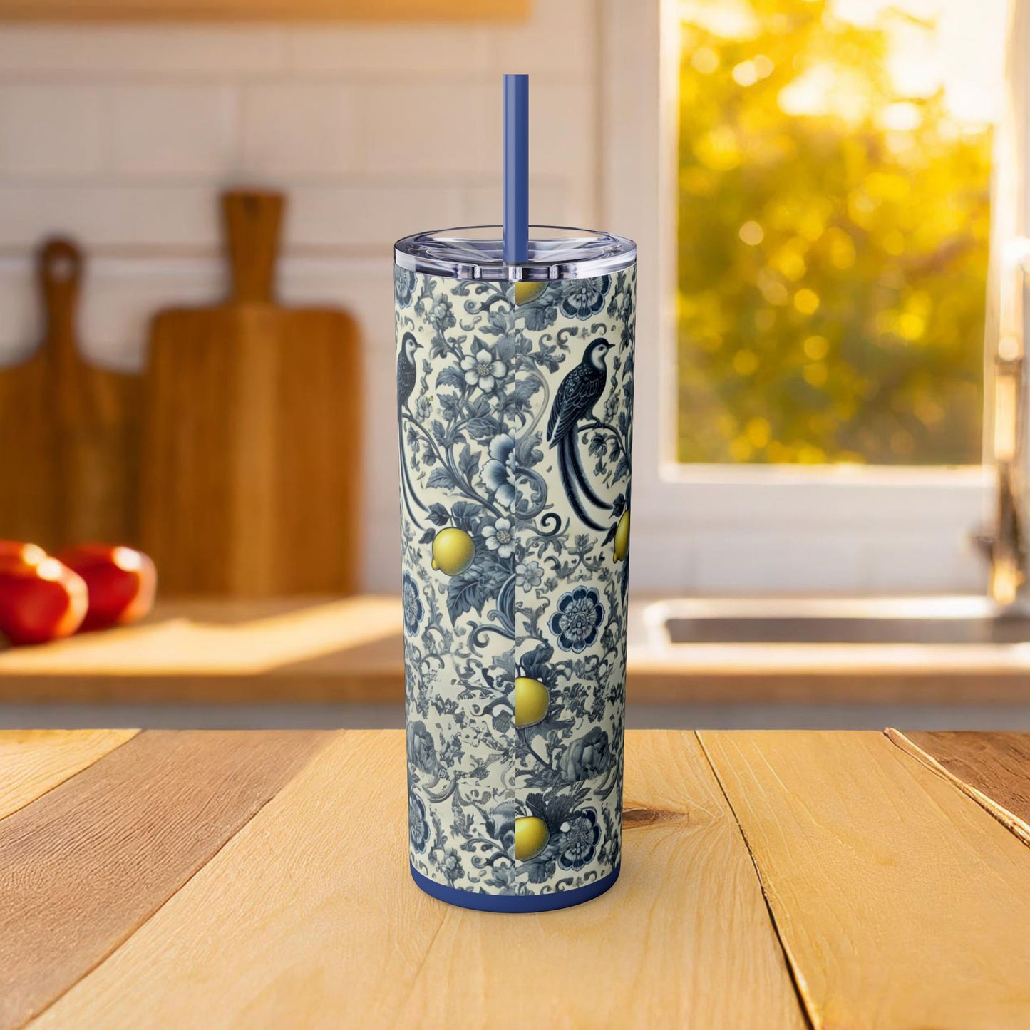 Blue Chinoiserie Lemon Tumbler | 20oz Insulated Travel Cup | Vintage Botanical Birds & Lemons | Includes Straw & Lid