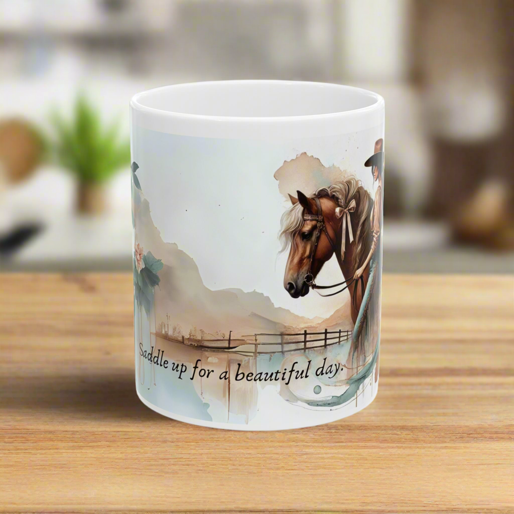 Personalized Western-Themed Coffee Mug | Floral Horsewoman Design | Saddle Up for a Beautiful Day | Custom Name | Available in 11 oz and 15 oz