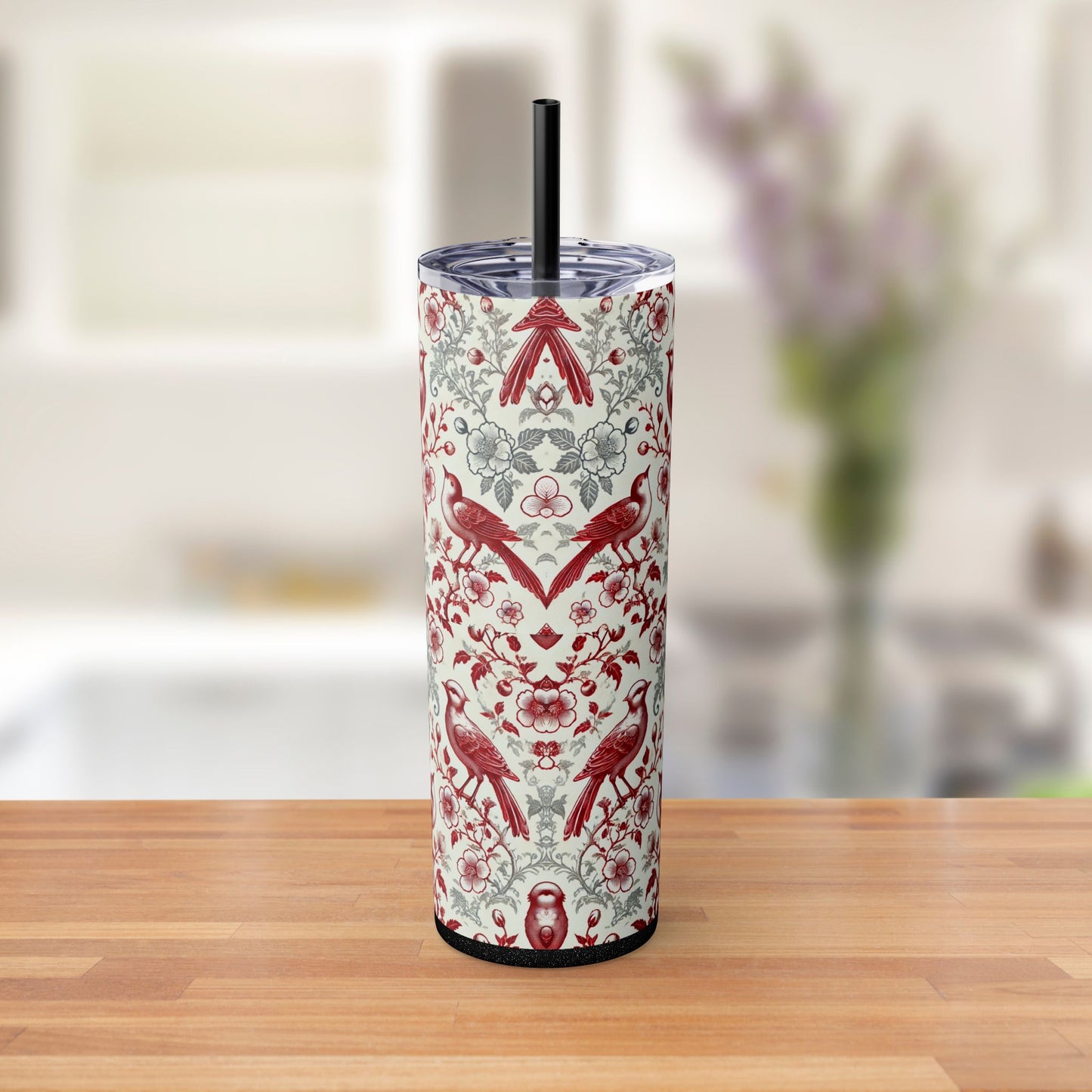 Red & White Chinoiserie Bird Tumbler – 20oz Maars Skinny Tumbler with Straw | Insulated Stainless Steel Travel Mug