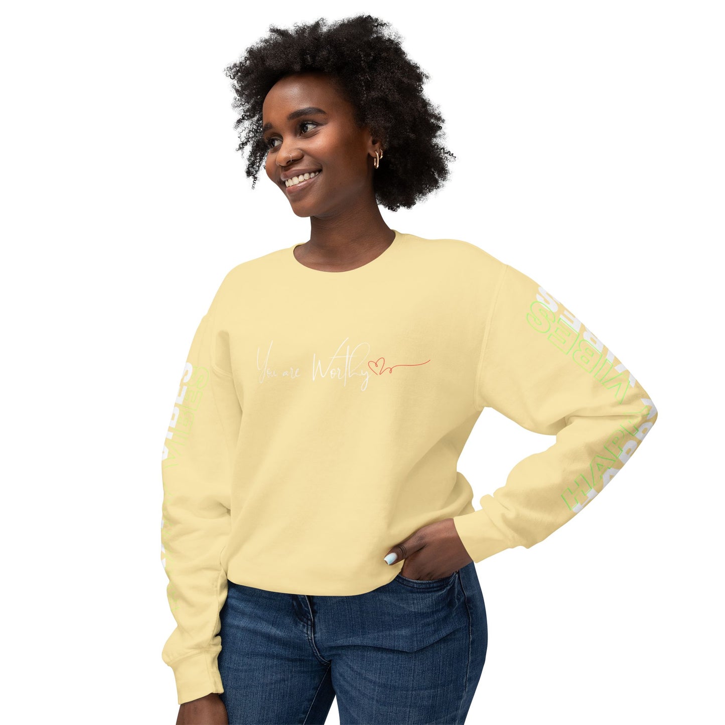 Woman wearing the Happy Vibes Unisex Sweatshirt with "You Are Worthy" text on front and "Happy Vibes" on sleeves.