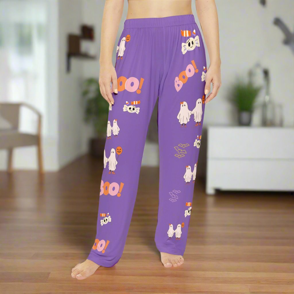 Purple Boo Ghost Women's Pajama Pants featuring a spooky ghost design, perfect for Halloween-themed sleepwear.