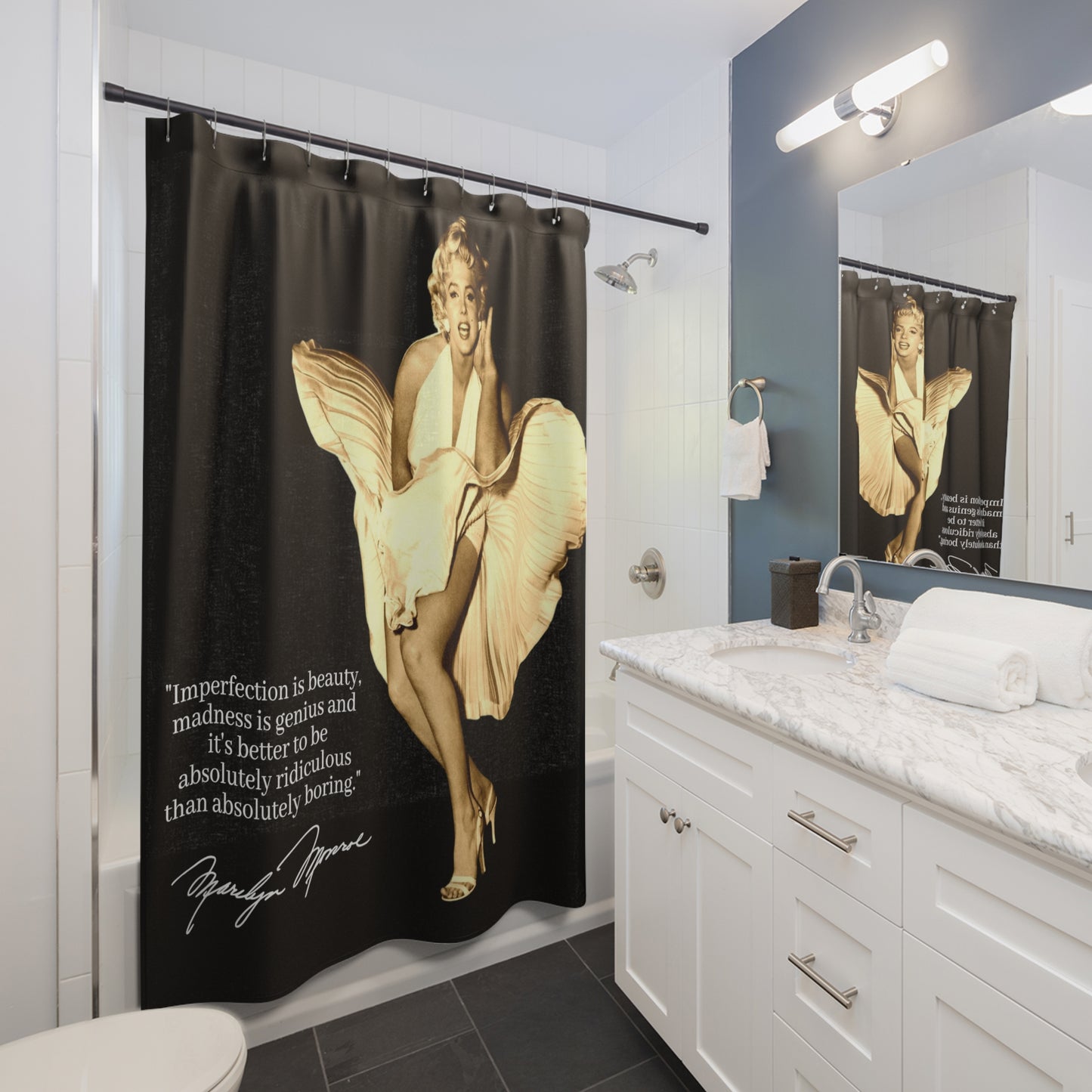 Glamorous bathroom decor featuring Marilyn Monroe in classic white dress