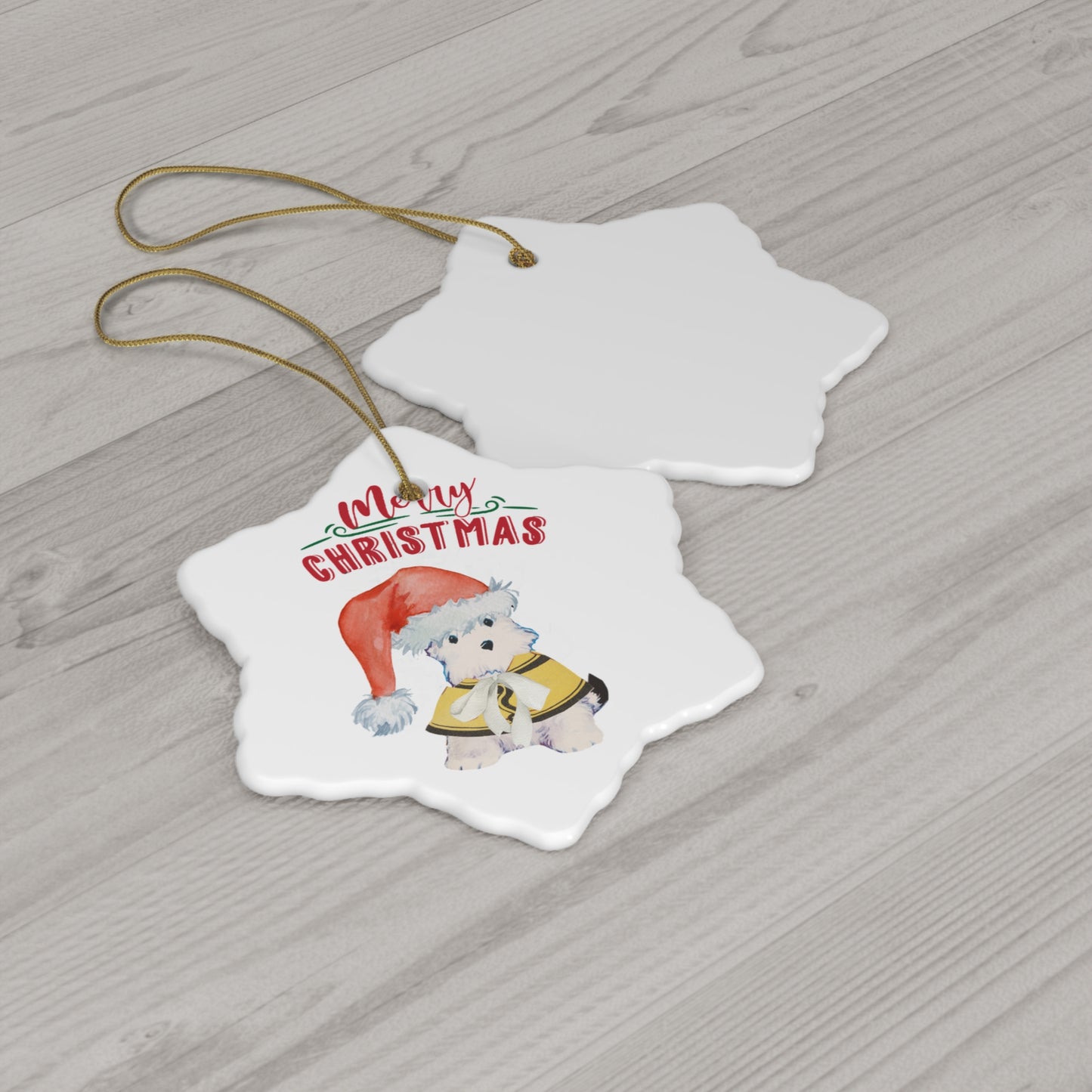 Coquette Merry Christmas Ornament – Vintage Bitsy Puppy Design Ceramic Ornament, 4 Shapes