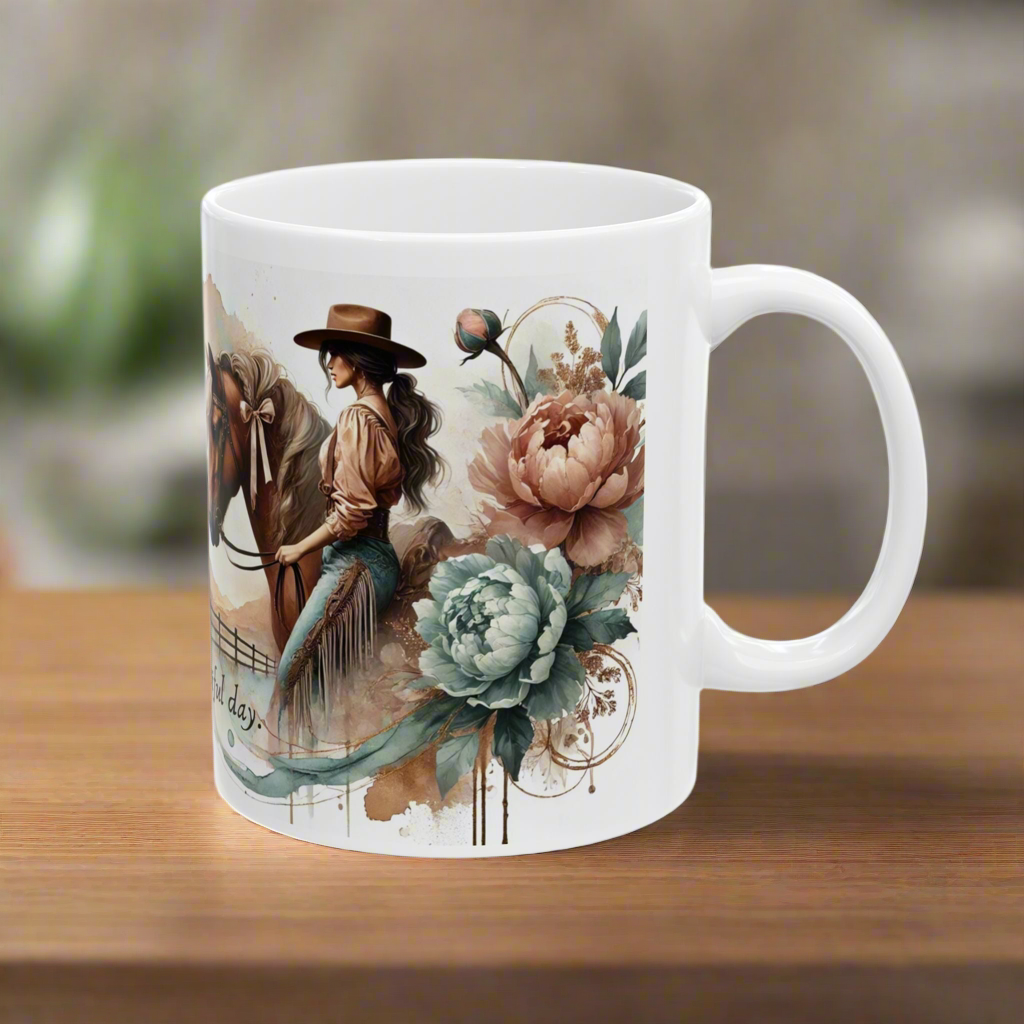 Personalized Western-Themed Coffee Mug | Floral Horsewoman Design | Saddle Up for a Beautiful Day | Custom Name | Available in 11 oz and 15 oz