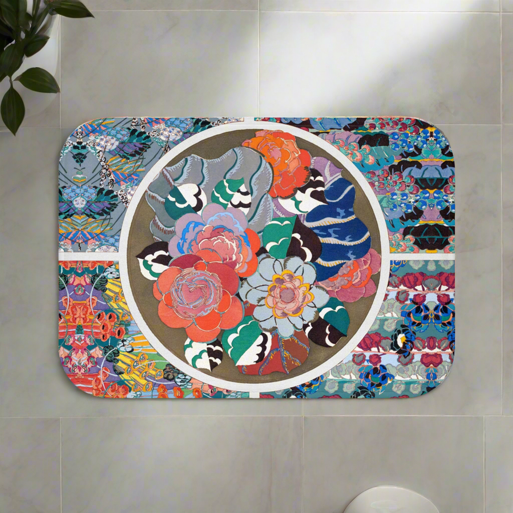 Floral Art Deco bath mat featuring Édouard Bénédictus’ intricate 1928 floral design in vibrant colors, adding vintage elegance to a modern bathroom.