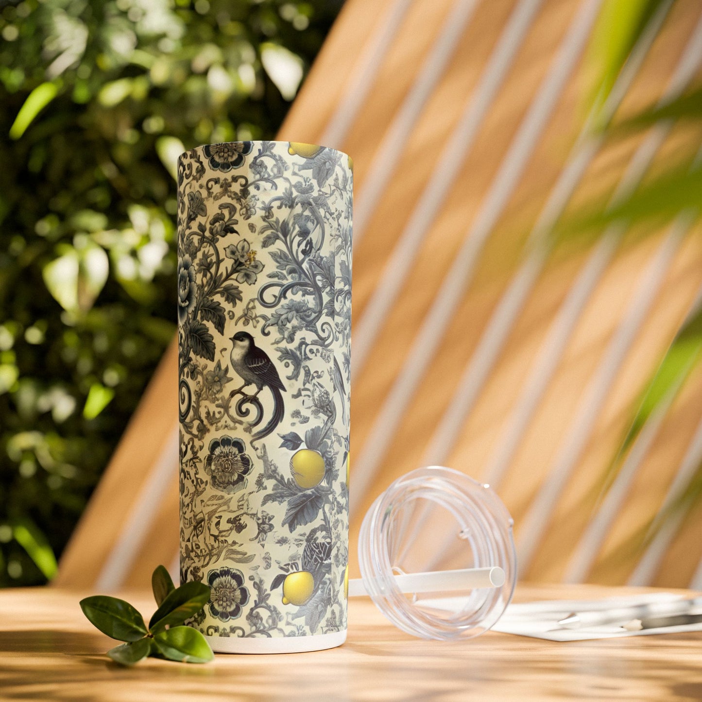 Blue Chinoiserie Lemon Tumbler | 20oz Insulated Travel Cup | Vintage Botanical Birds & Lemons | Includes Straw & Lid