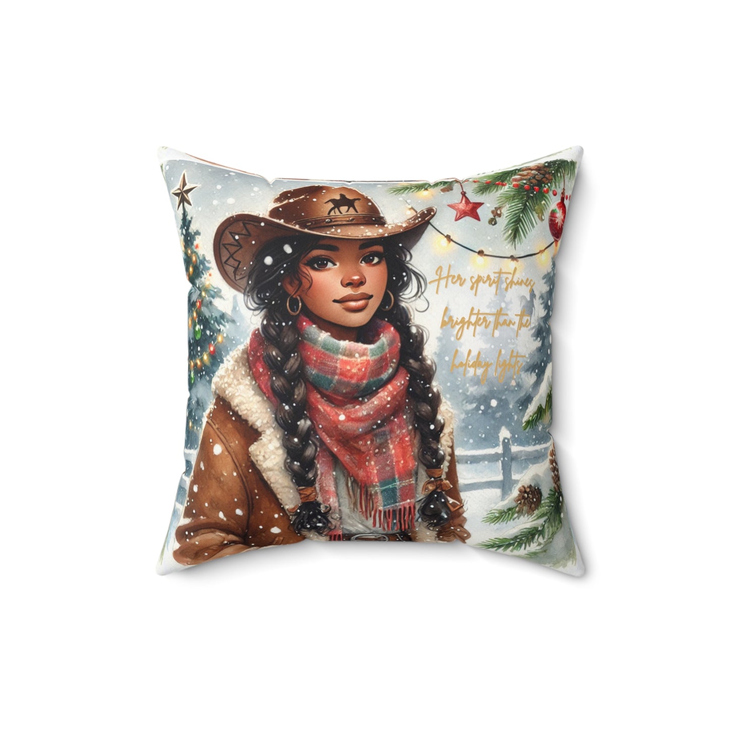 Decorative holiday pillow on a cozy chair, showcasing a rustic Western cowgirl in a snowy winter setting.