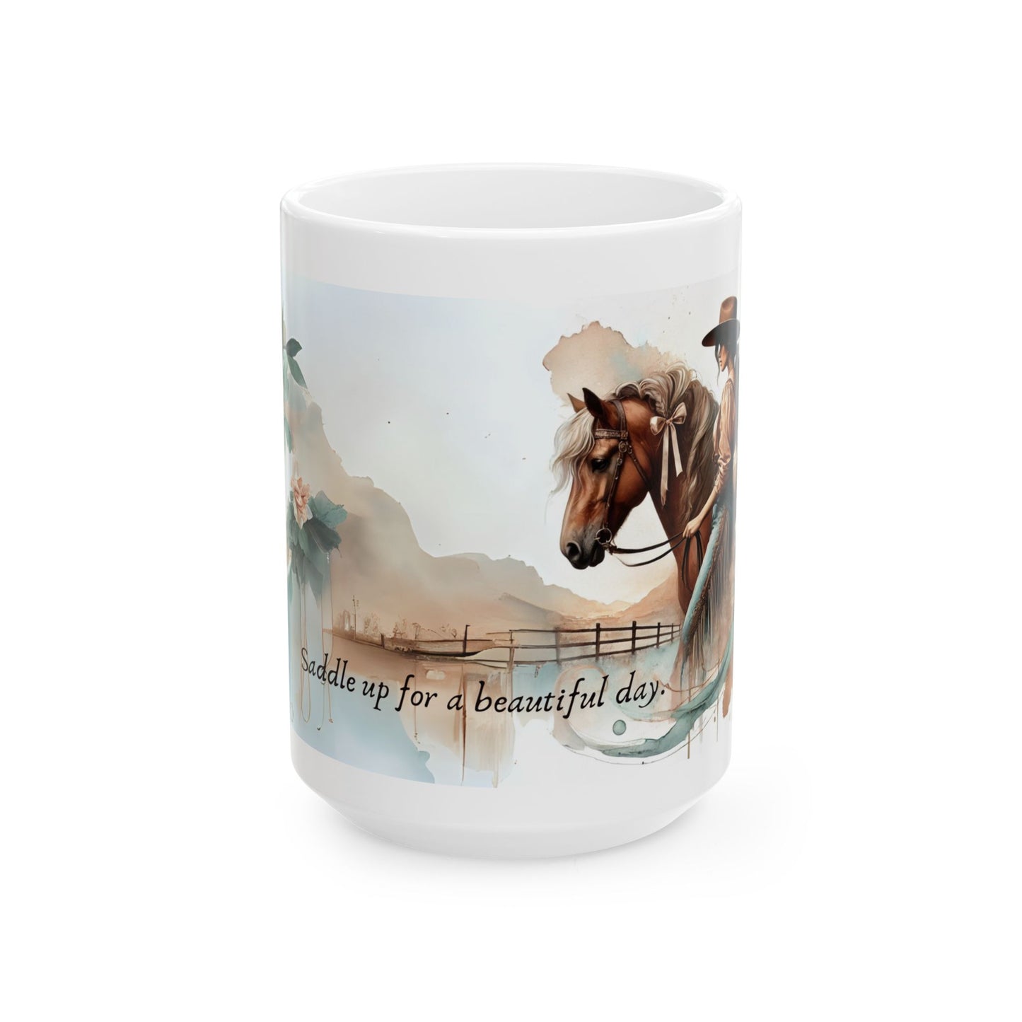 Personalized Western-Themed Coffee Mug | Floral Horsewoman Design | Saddle Up for a Beautiful Day | Custom Name | Available in 11 oz and 15 oz