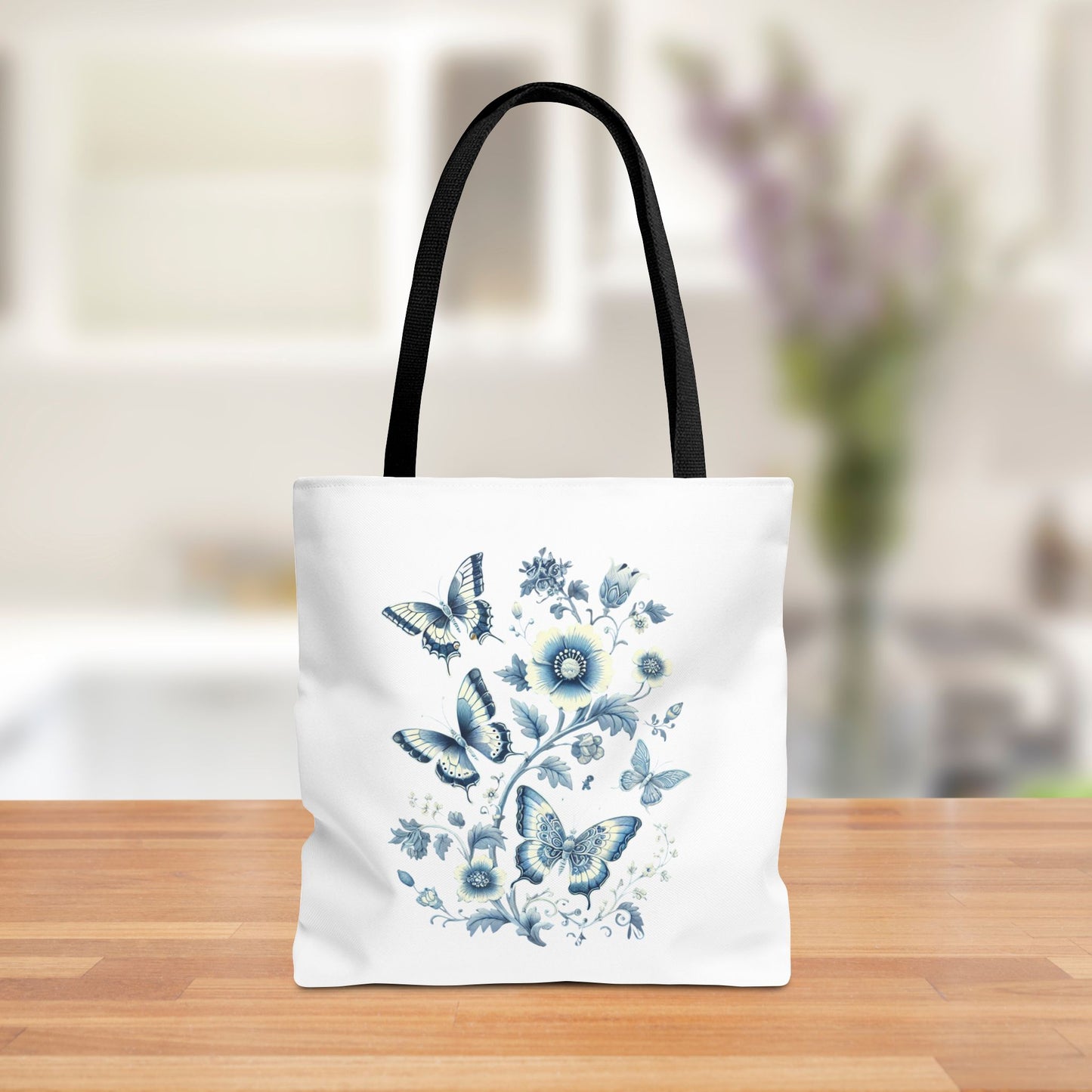 Chinoiserie Butterfly Tote Bag – Elegant Blue & White Floral Tote | Soft Polyester Shopping Bag | Aesthetic Everyday Carry-All